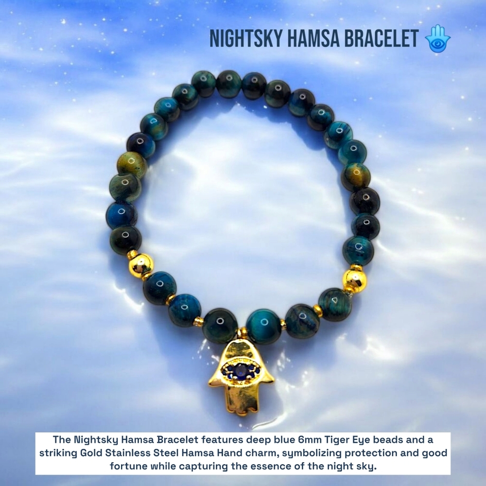 6 mm Blue Tiger Eye Hamsa Hand charm bracelet